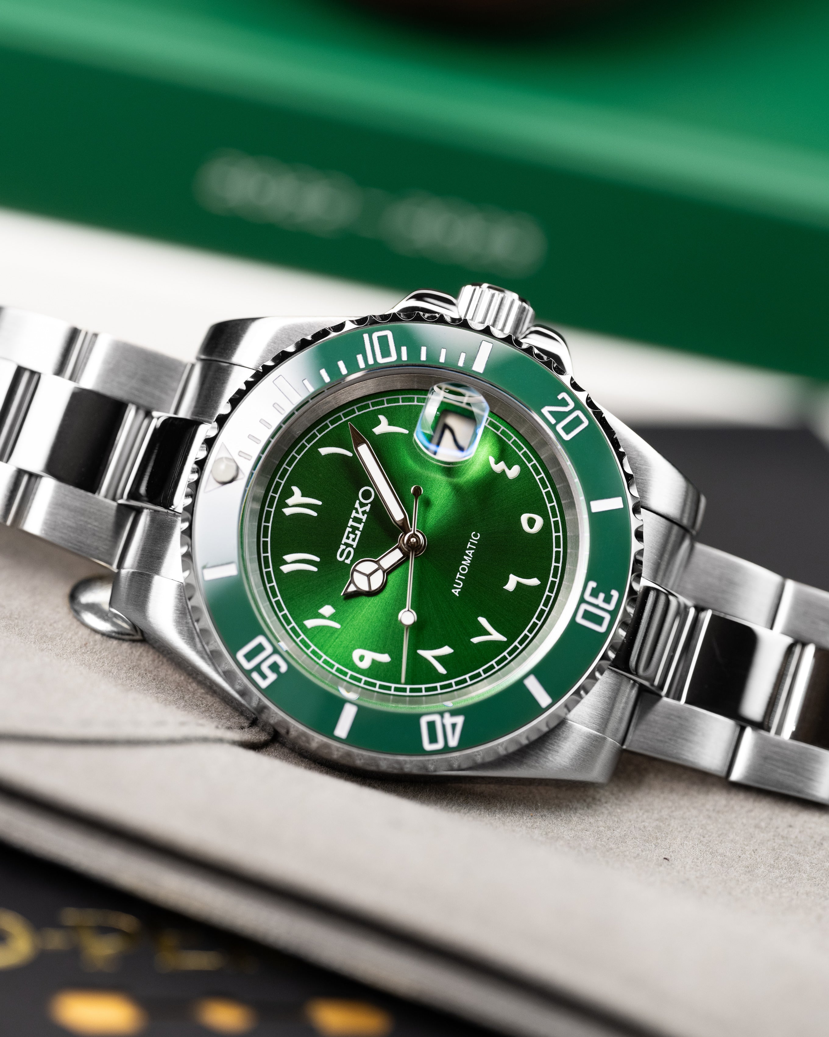 Custom Seiko Mod – Submariner Homage With Green Arabic Numeral Dial Green Bezel Automatic Movement Stainless Steel Oyster Bracelet1