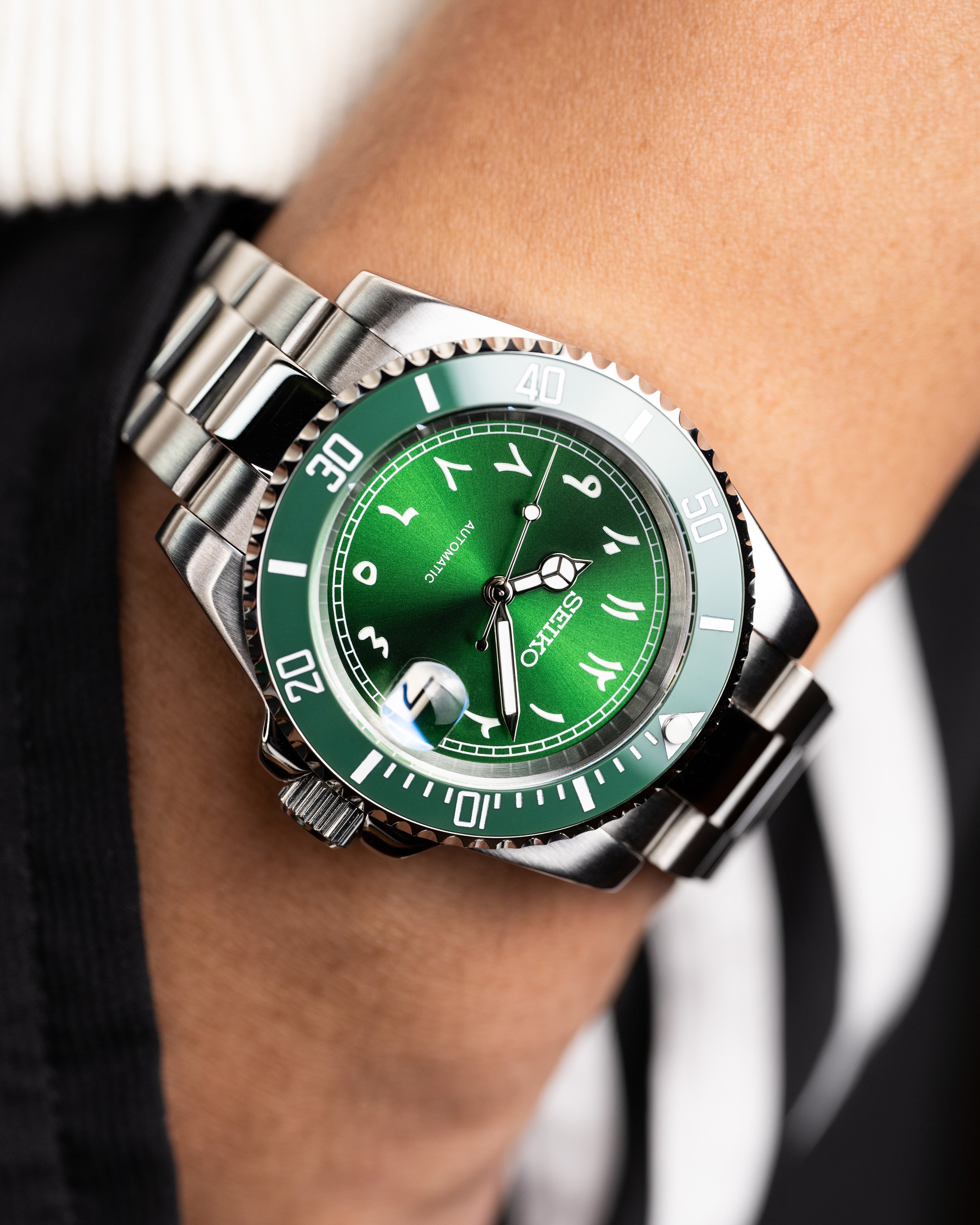 Custom Seiko Mod – Submariner Homage With Green Arabic Numeral Dial Green Bezel Automatic Movement Stainless Steel Oyster Bracelet2